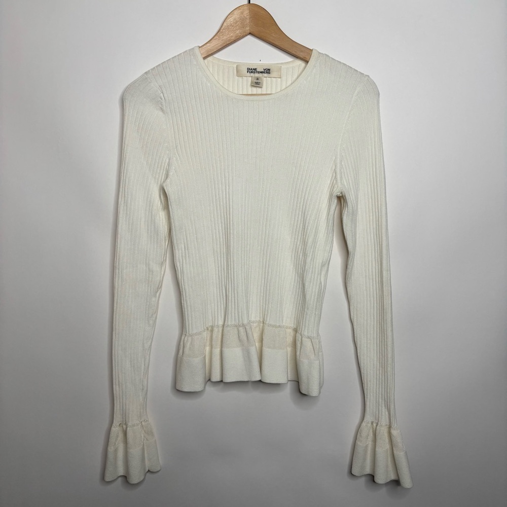 Diane Von Furstenberg Long Sleeve Ribbed Peplum Top Cream size Medium - Picture 4 of 9